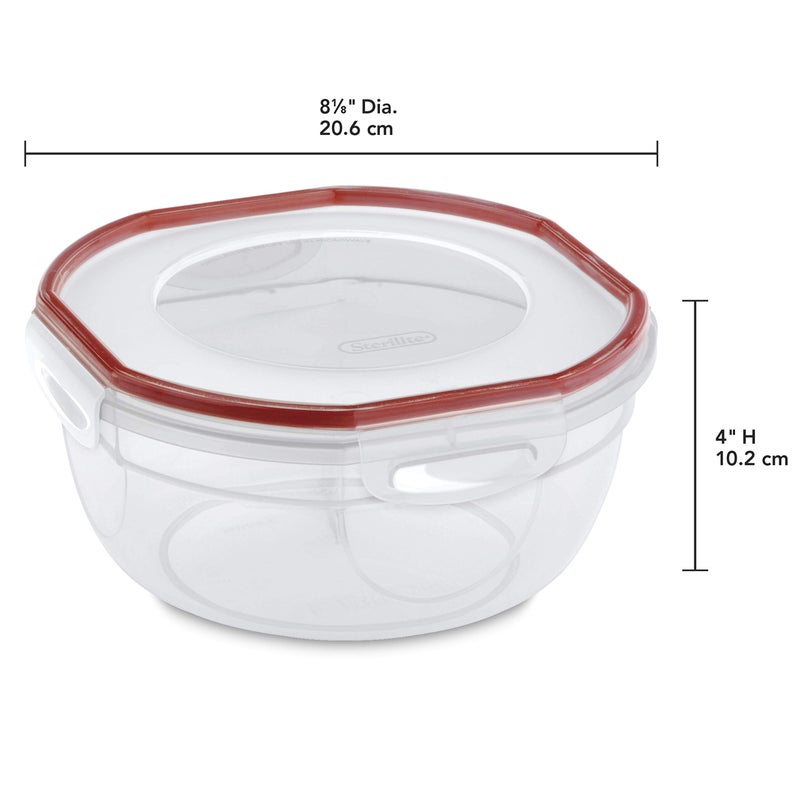 Sterilite Ultra-Seal 2.5 Qt Bowl, Airtight Food Storage Container, Plastic, Latching Lid, Microwave and Dishwasher Safe, Clear With Red Gasket, 4-Pack - Image 2